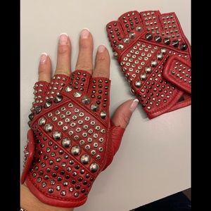 BLAM ROCK Leather Studded Fingerless Gloves - Red